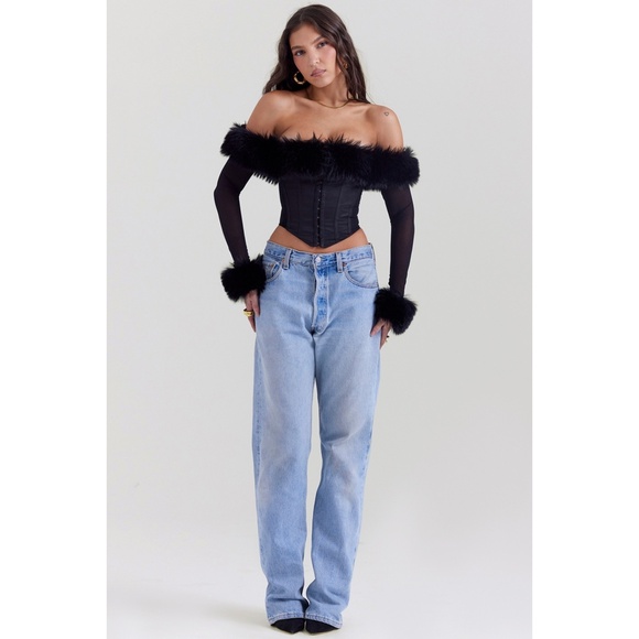 NEW House of CB Merle Faux Fur Trim Top Black XS - Picture 12 of 15
